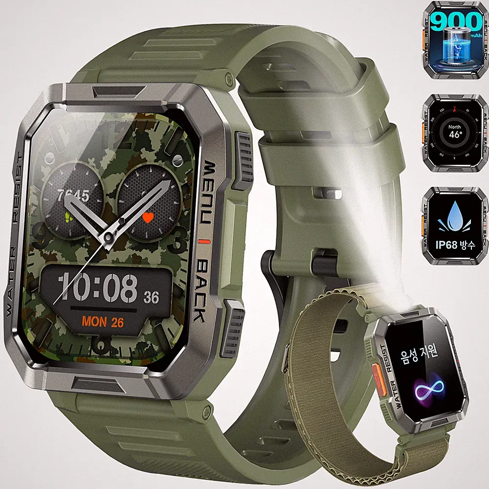 Smart Watch Herren Militär Wasserdicht mit Telefonfunktion LED Taschenlampe DE