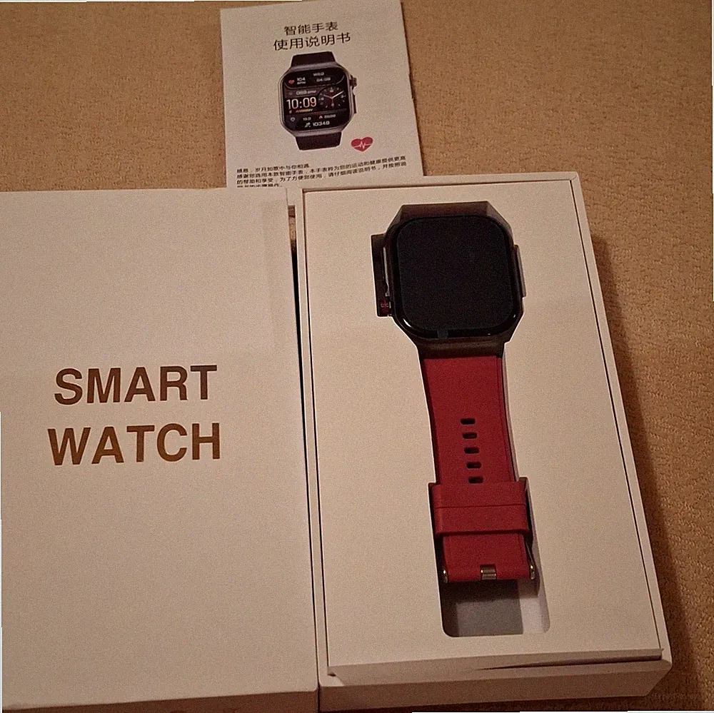 Smart Watch Smartwatch Android 40 mm, schwarz, Silikon-Armband rot, Box