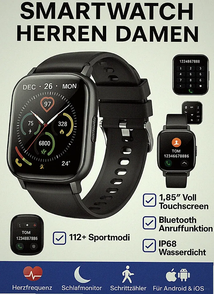 Smartwatch 1,85" Damen Herren Bluetooth Anruf, wasserdicht für Android & iOS Y2