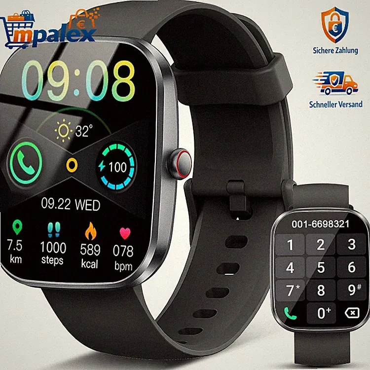 Smartwatch 1,91 Zoll HD Touch Schrittzähler Bluetooth Anruf Fitness