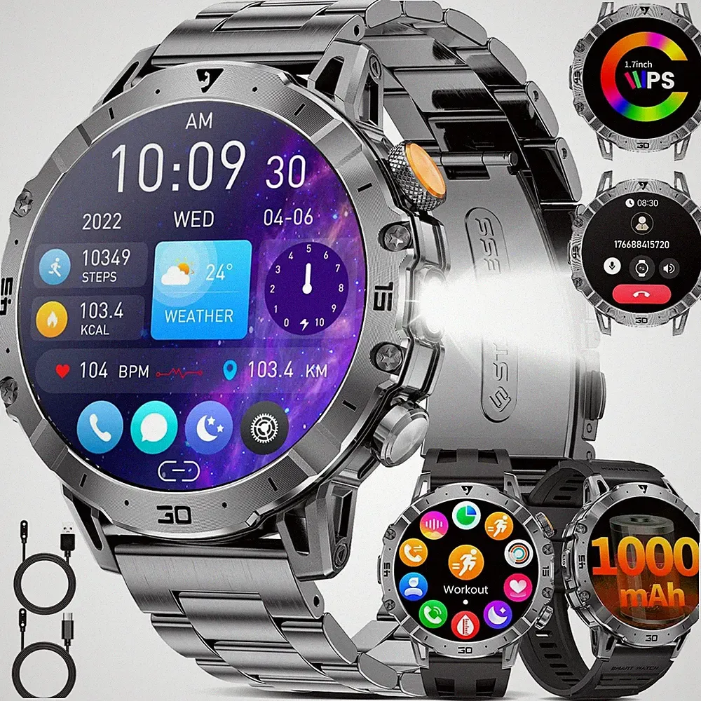 Smartwatch 1000mAh Akku/1.7''Großes Display/Telefonfunktion/LED Taschenlampe/