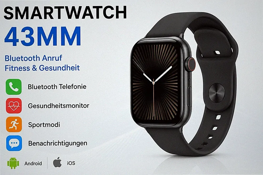 Smartwatch 43mm Bluetooth Anruf FitnessHerzfrequenz Blutdruck Schlaf Android iOS