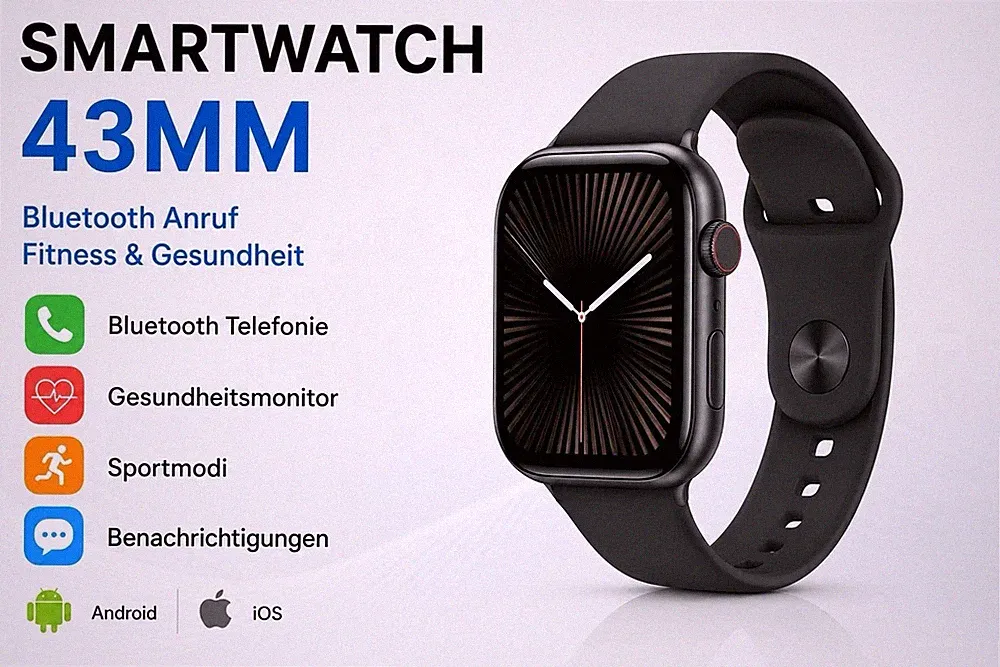 Smartwatch 43mm Damen Herren Fitnessuhr Schrittzähler Sportuhr Schlaf Alltag