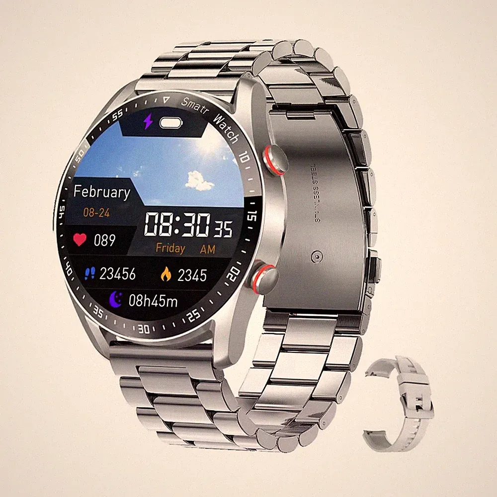 Smartwatch 44 mm Edelstahl Silber Schwarz Fitness Tracker Android Herzfrequenz