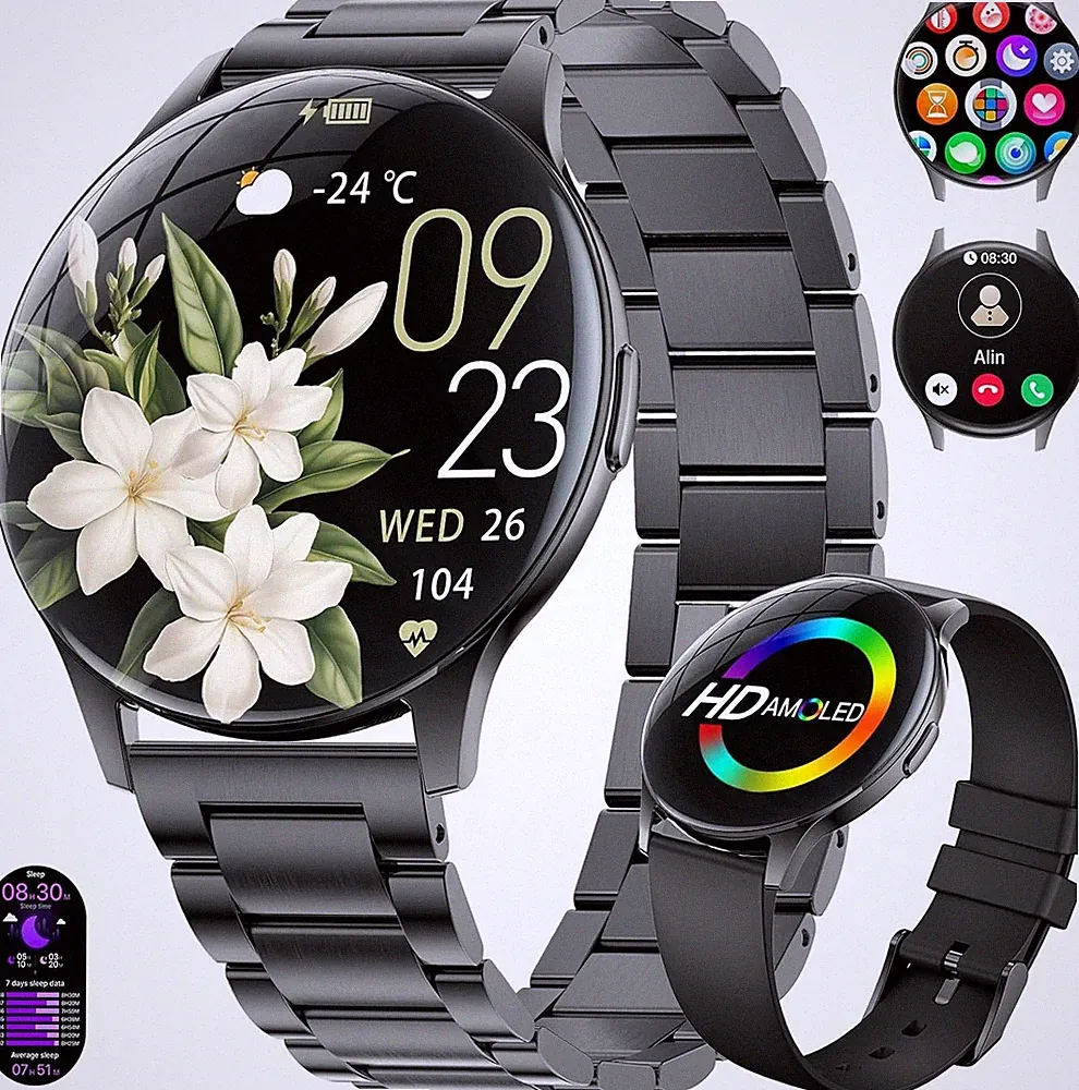 Smartwatch AMOLED 1,43 mit Telefonfunktion Sportuhr, Metallarmband, Android, iOS