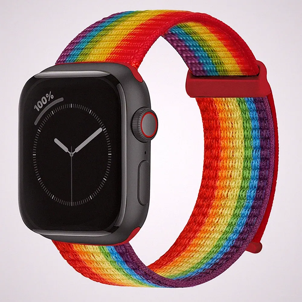 Smartwatch Armband für Apple Watch Series 9 45mm Textil Band Klett Regenbogen