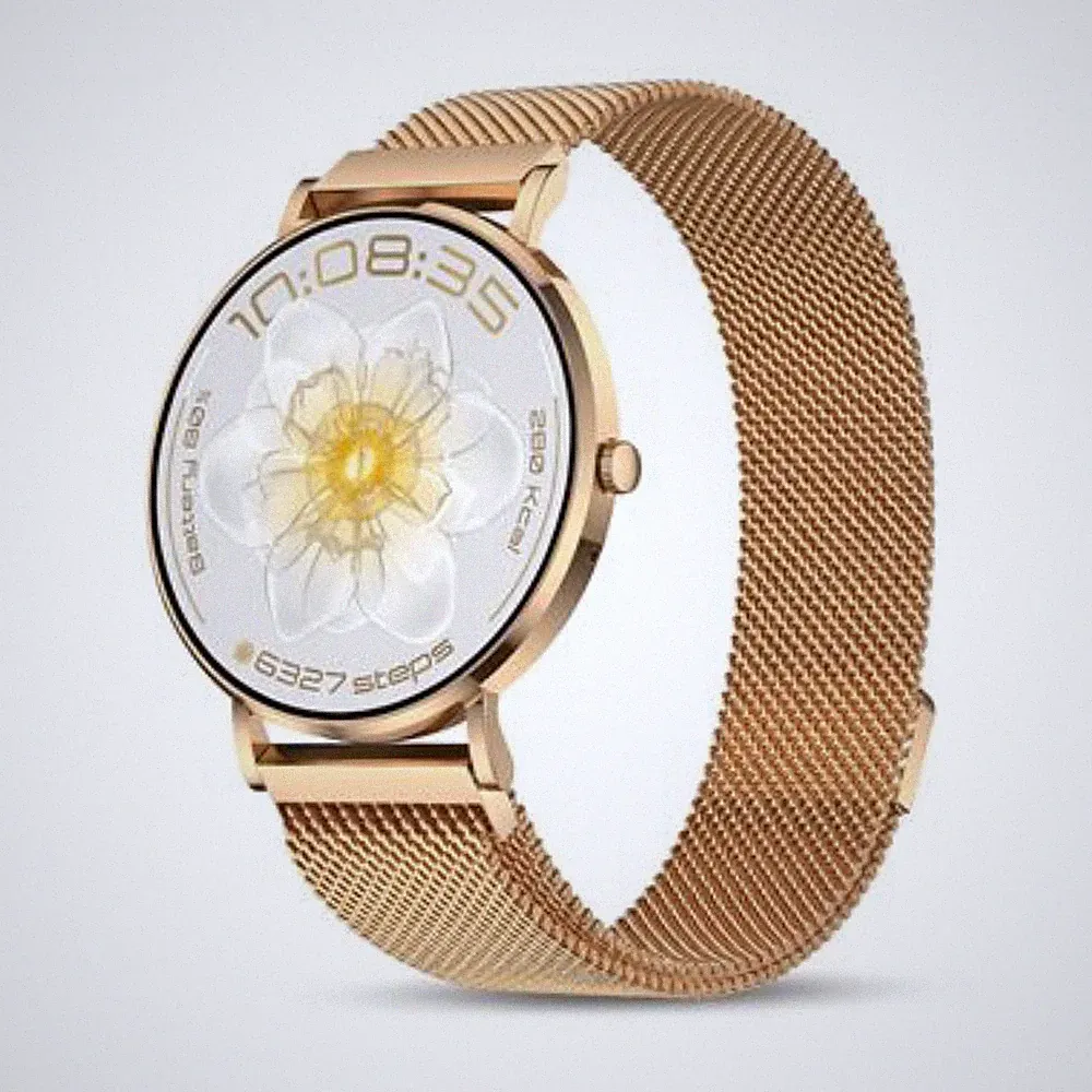 Smartwatch Aurafit Ella3 Damen KI-Sprache AMOLED Gold Metallarmband Anrufe IP67