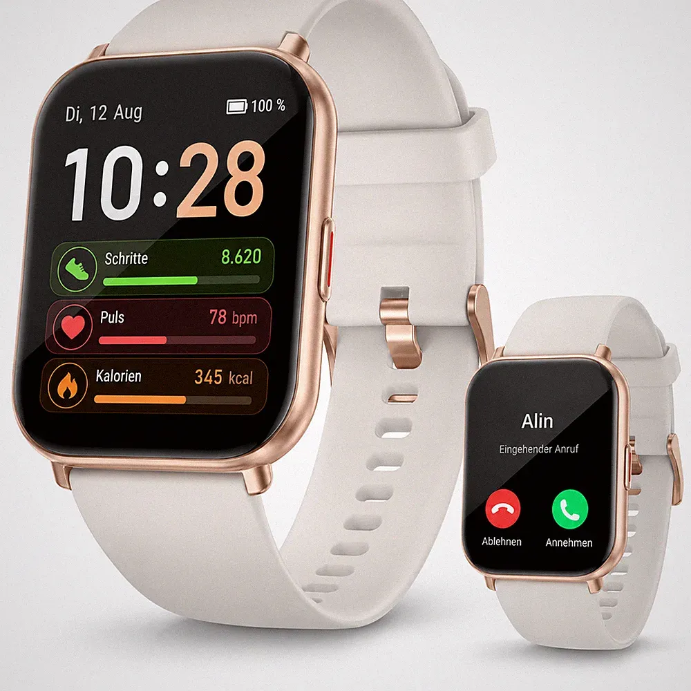 Smartwatch Bluetooth Anruffunktion Fitnessuhr Sportuhr für Android & iOS Beige