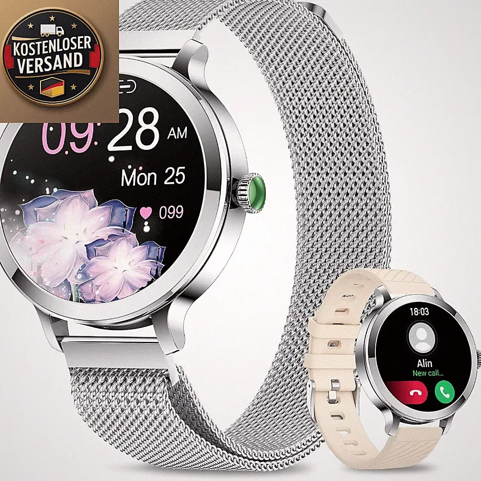 Smartwatch Damen 1,106 Zoll AMOLED Fitnessuhr mit 12