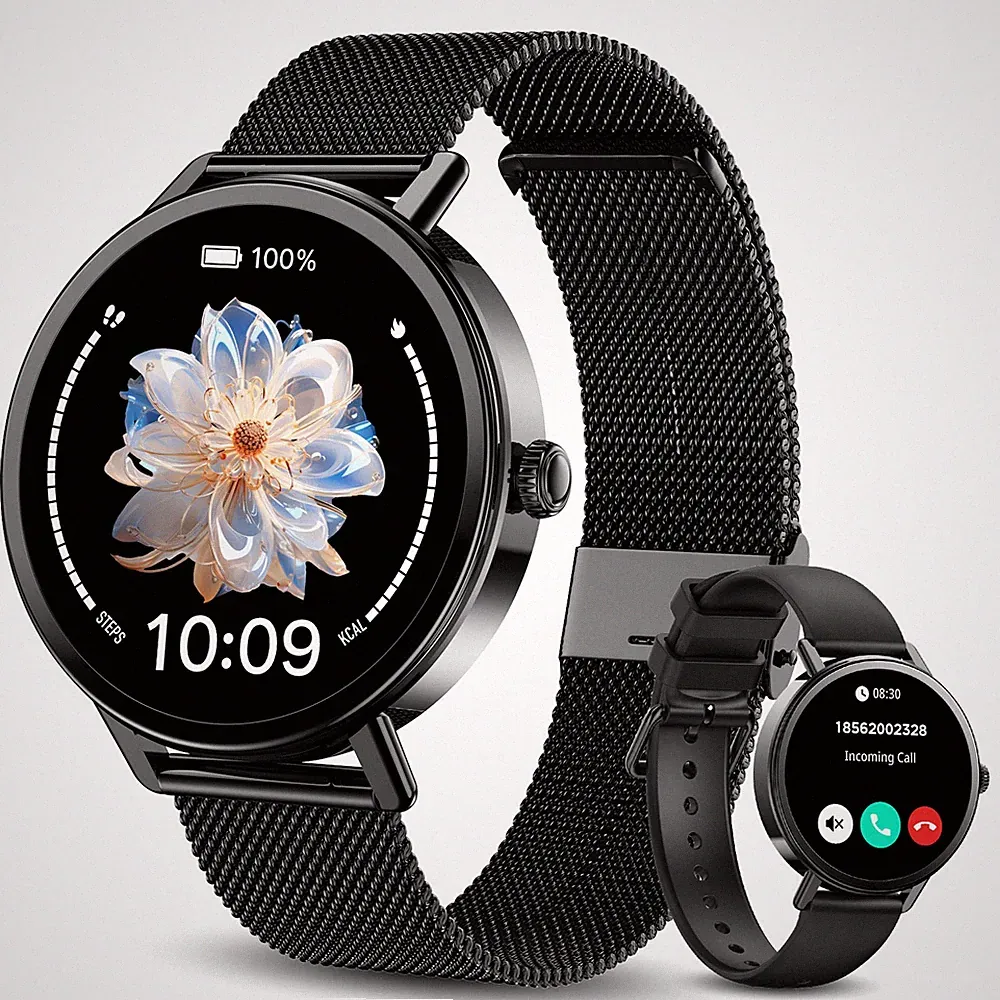 Smartwatch Damen 1.26" HD Bluetooth Anrufe Herzfrequenz IP68 2 Armbänder Neu