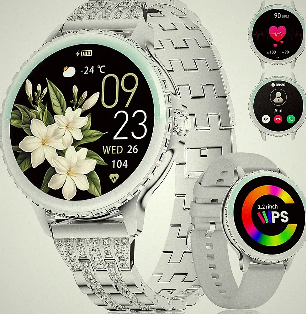 Graue runde Smartwatch für Damen