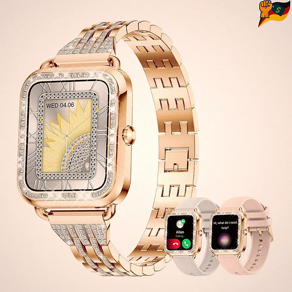 Smartwatch Damen 1,29 Zoll Diamant-Roségold 110 Sportmodi Fitness, 3 Band