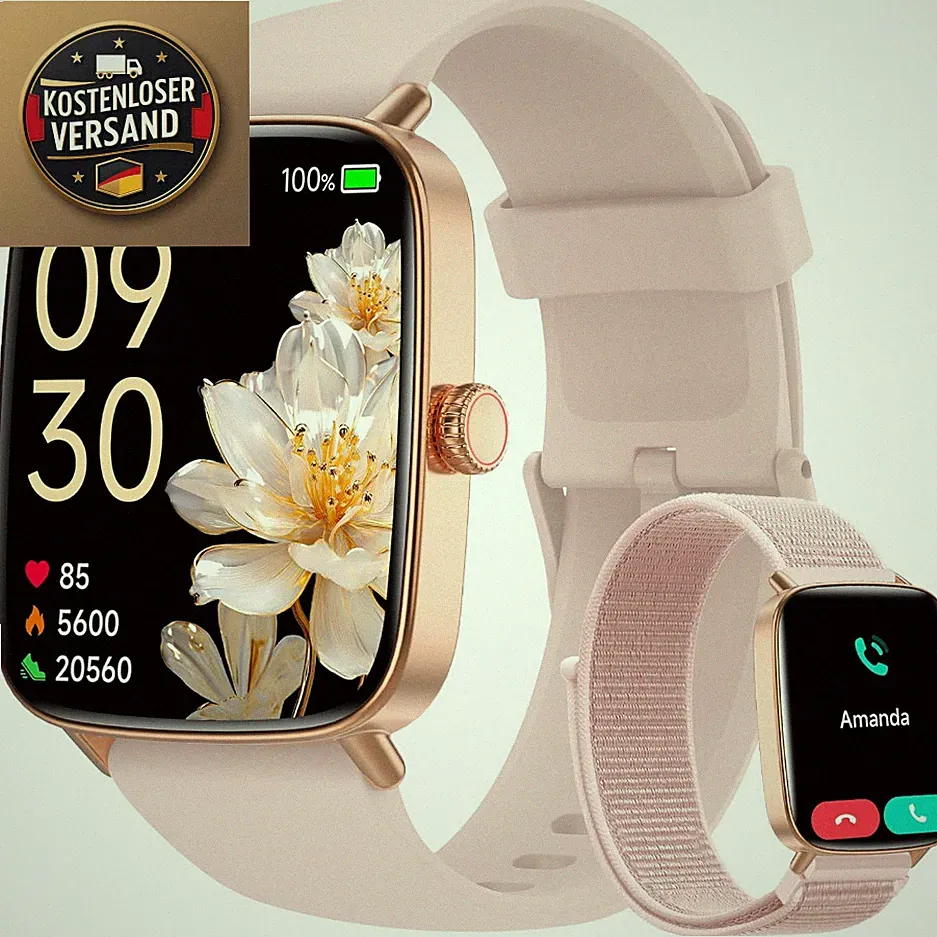 Smartwatch Damen 1,85 Zoll Fitnessuhr mit Telefonfunktion, Pulsuhr, Rosa, 110
