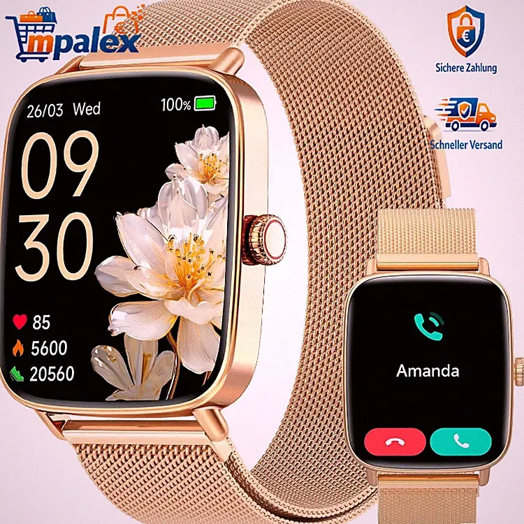 Smartwatch Damen 1,85 Zoll Fitnessuhr Telefon Puls Schlaf SpO2 Roségold