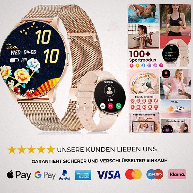 Smartwatch Damen 2 Armbänder 143 HD AMOLED Fitnessuhr 120 Sport