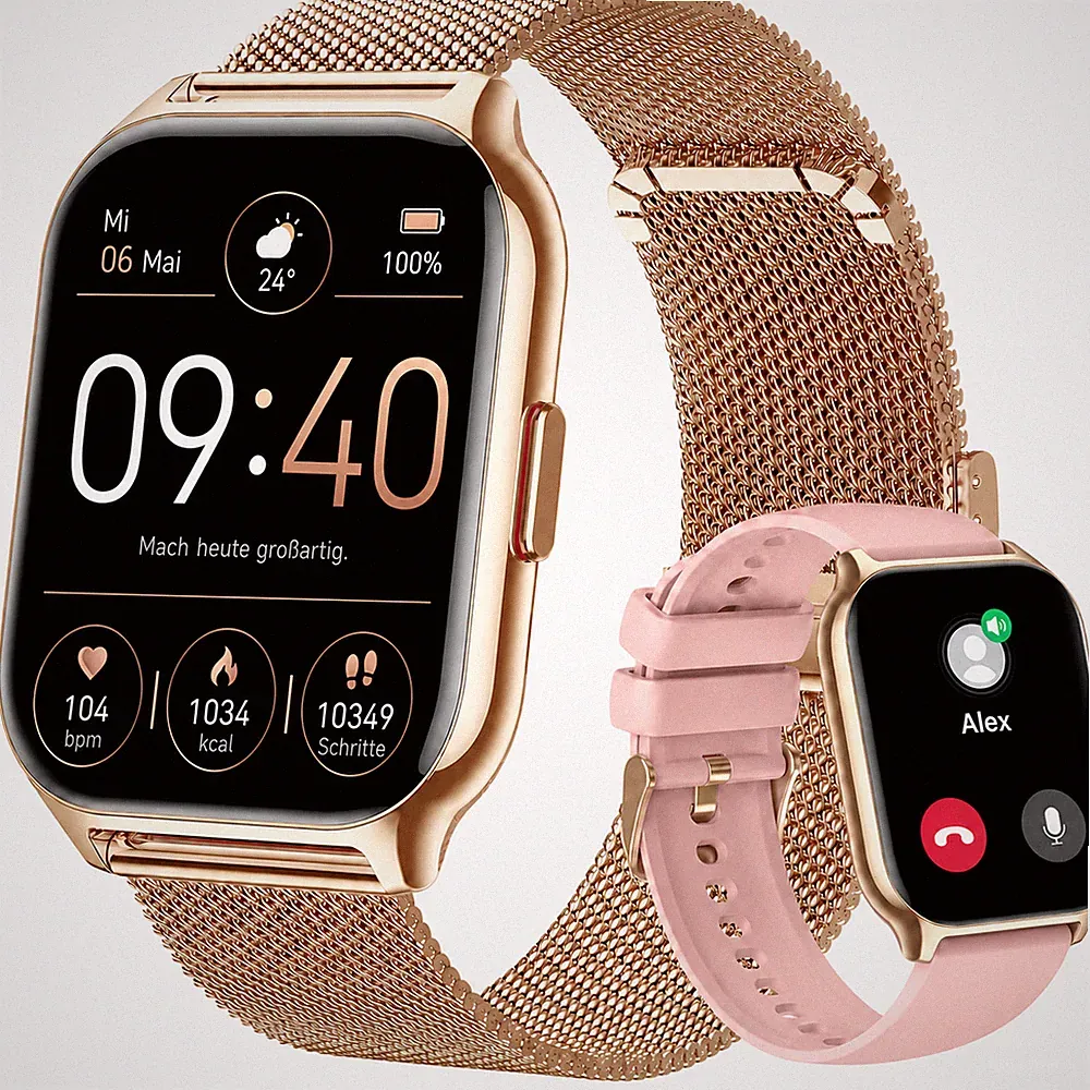 Smartwatch Damen 2 Zoll, Anruffunktion, Fitness für Samsung & iPhone, Gold Rosa