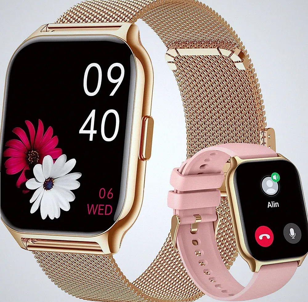 Smartwatch Damen 2 Zoll Bluetooth Anruffunktion Fitness, iOS & Android Gold Rosa