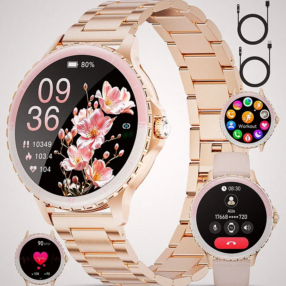 Smartwatch Damen 2026 mit Anrufen,1,32" HD Round Fitnessuhr mit Telefonfunkti...