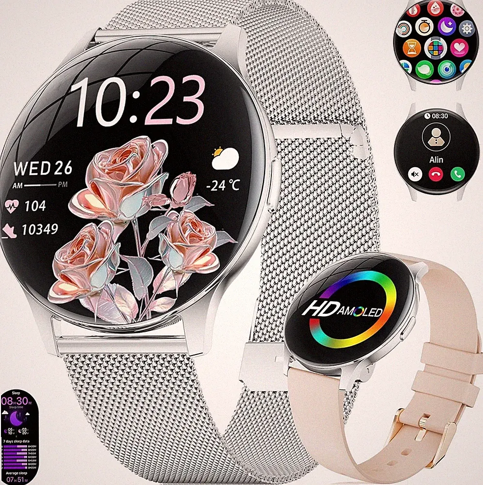 Smartwatch Damen AMOLED 1,43" Telefonfunktion Fitnessuhr für Samsung & iPhone