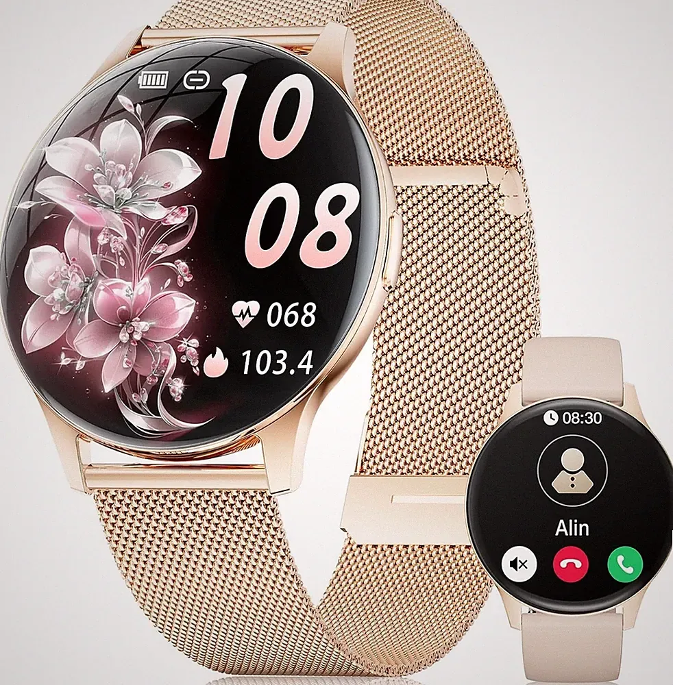 Smartwatch Damen AMOLED 1,43" Telefonfunktion Fitnessuhr Gold Samsung & iPhone