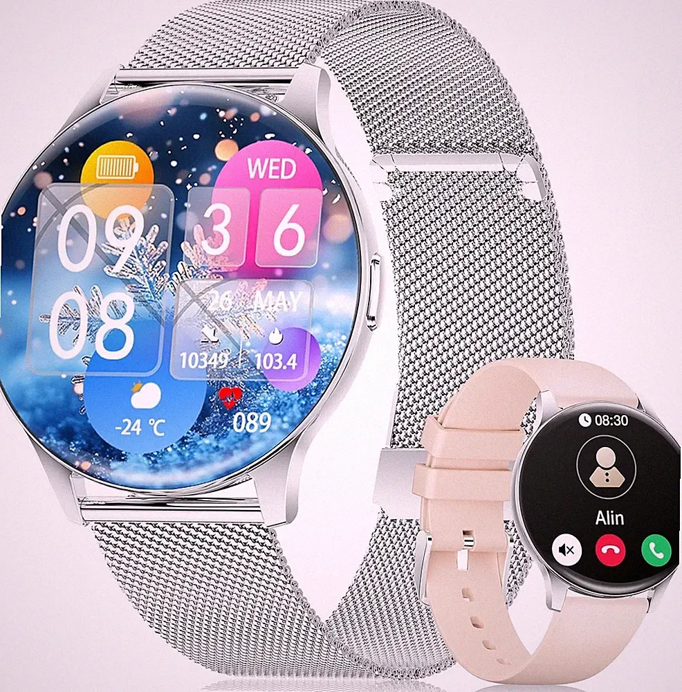 Smartwatch Damen AMOLED Telefon Fitnessuhr 2 Armbänder IOS Silber