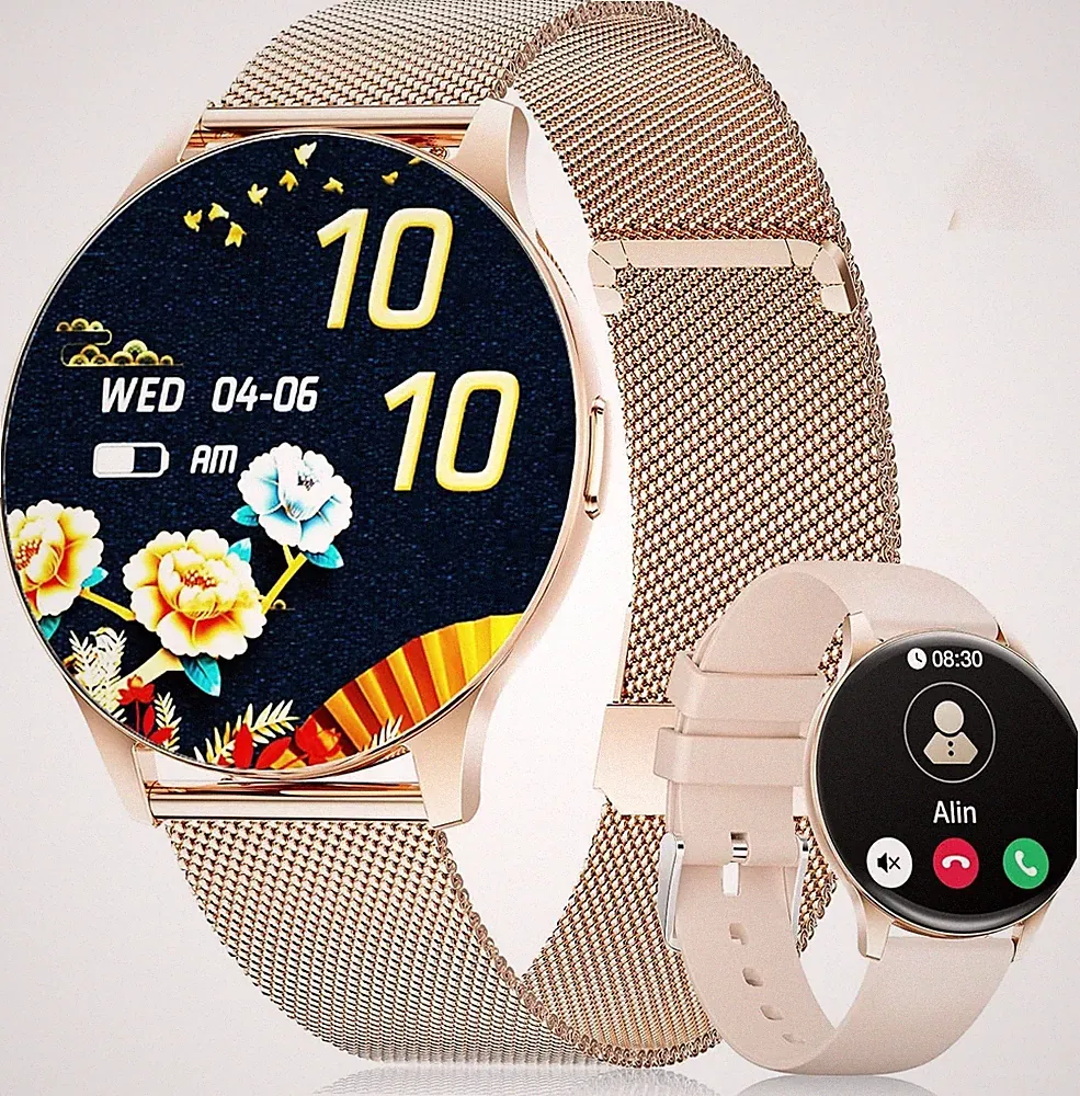 Smartwatch Damen AMOLED Telefon Fitnessuhr 2 Armbänder Rosegold iOS