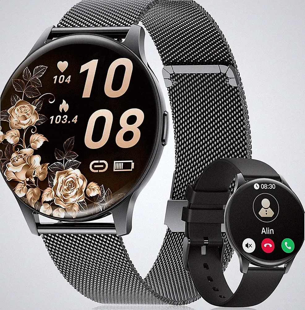 Smartwatch Damen AMOLED Telefon Fitnessuhr 2 Armbänder Rosegold iOS Schwarz