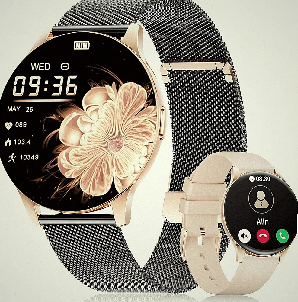 Smartwatch Damen AMOLED Telefon Fitnessuhr 2 Armbänder Schwarzes Gold IOS