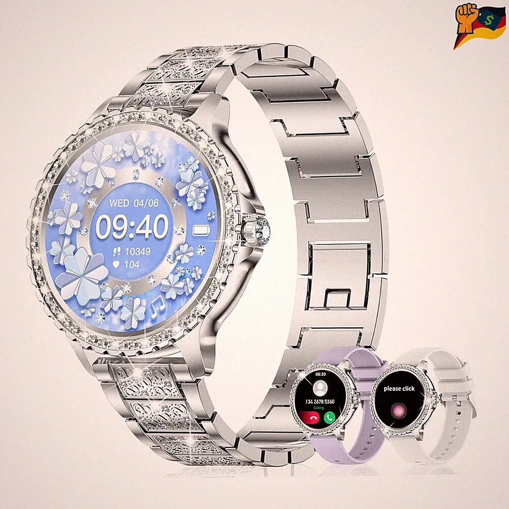 Smartwatch Damen Diamant Silber 1,32 Zoll HD Anruffunktion 120 Sportmodi, 3