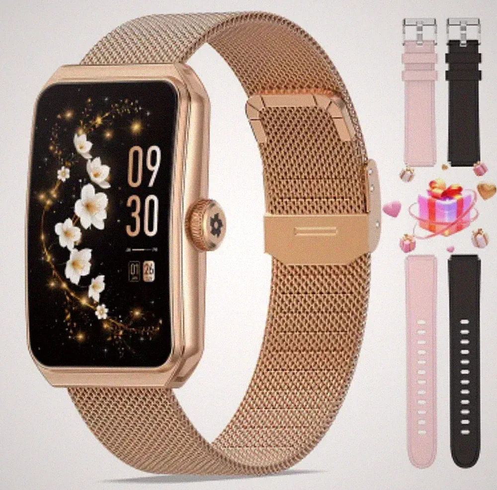Smartwatch Damen Gesundheit Fitness Tracker mit einem goldenen, rosa & schwarzen Armband