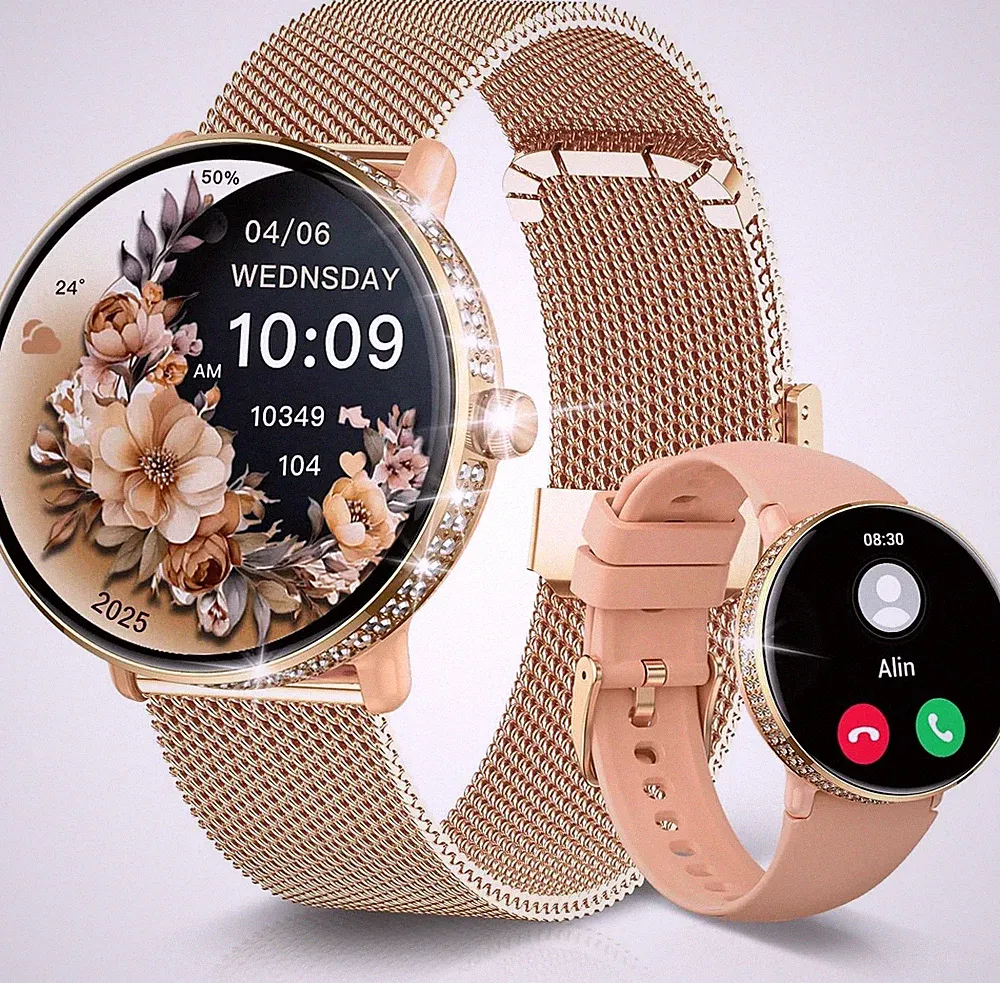 Smartwatch Damen Glitzer mit Telefonfunktion Armbanduhr Bluetooth Fitness Uhr