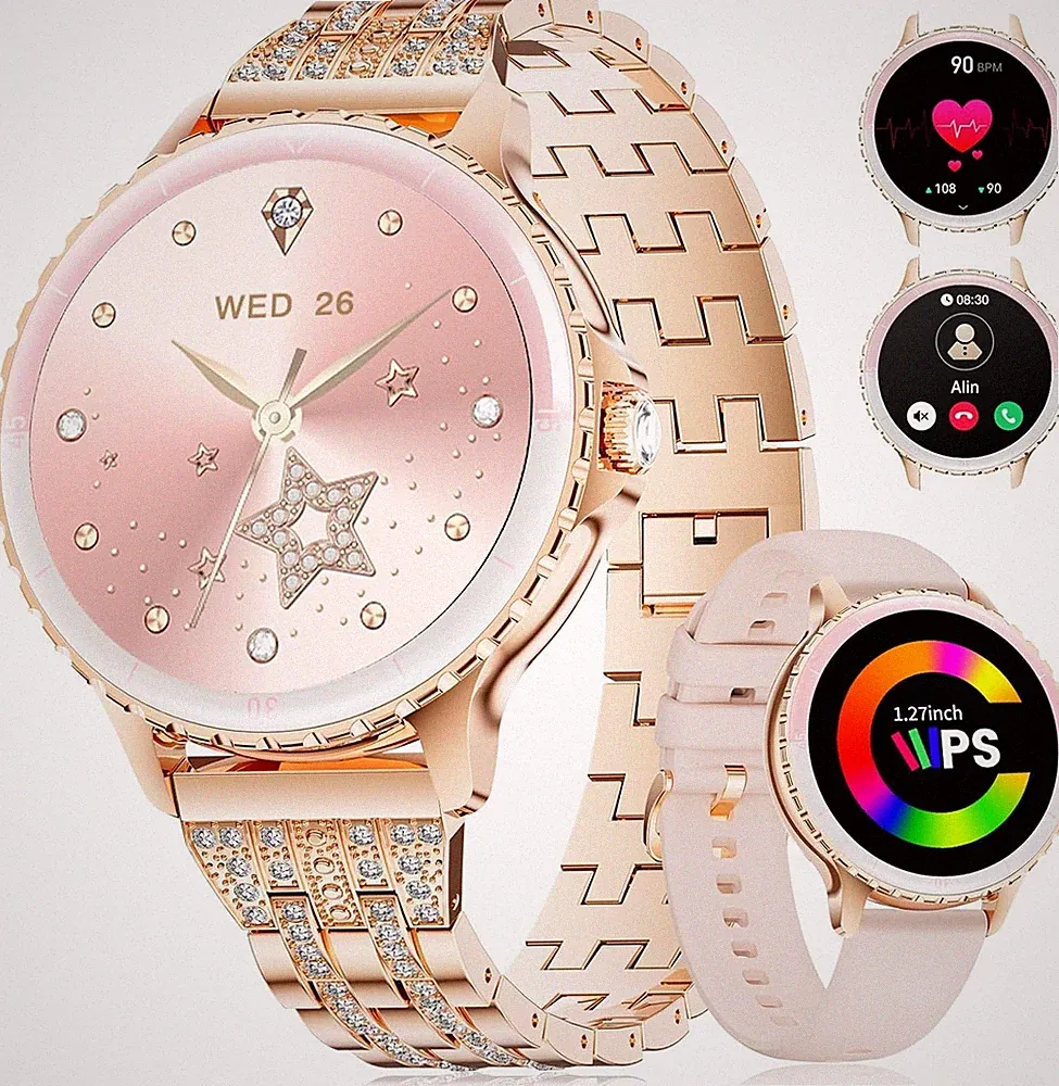Smartwatch Damen Glitzer mit Telefonfunktion Armbanduhr Bluetooth Fitnessuhr UHR