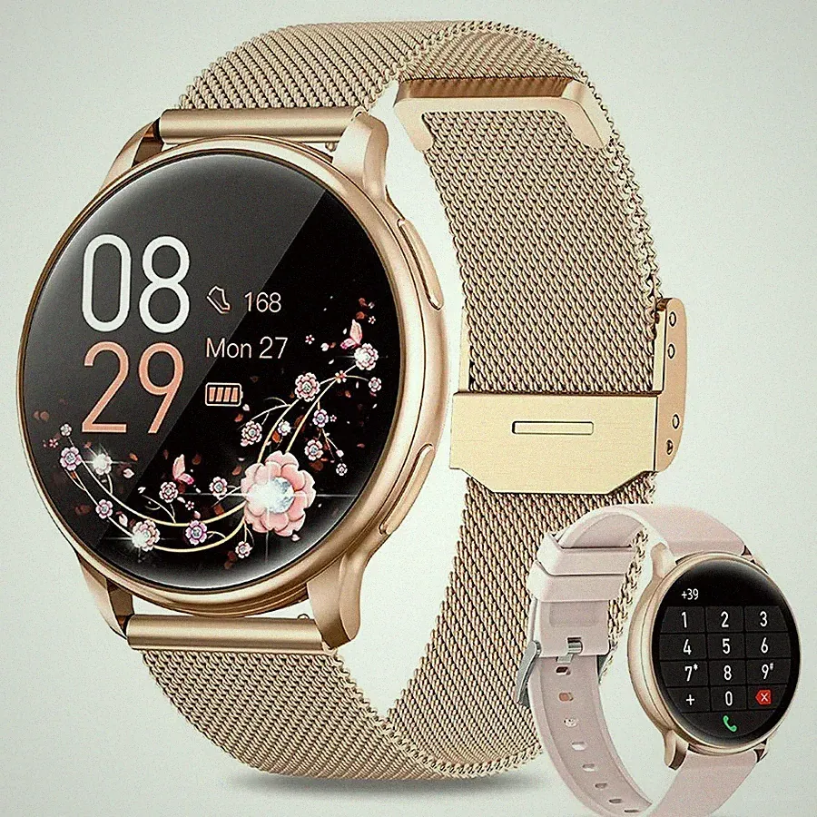 Smartwatch Damen Gold Android Bluetooth Anruf Blutdruck Herzfrequenz Funktion