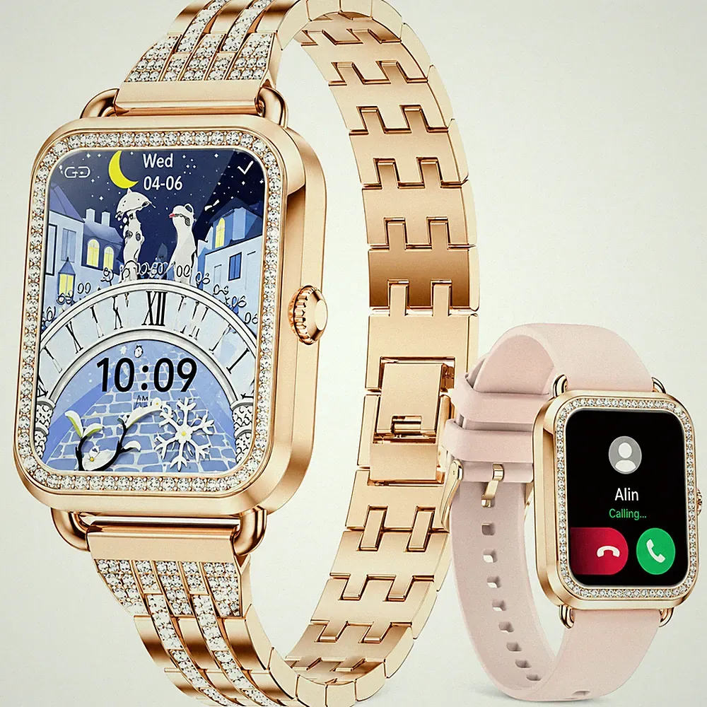 Smartwatch Damen Gold Eckig Telefonfunktion Fitnessuhr HD Touch IP67 Android iOS