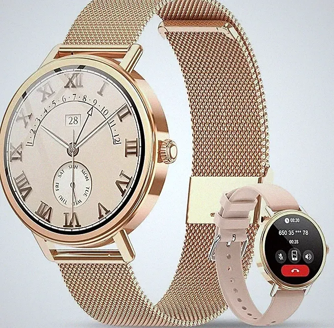 Smartwatch Damen Gold mit Telefonfunktion, Pulsmesser, Schrittzähler &Fitnessuhr