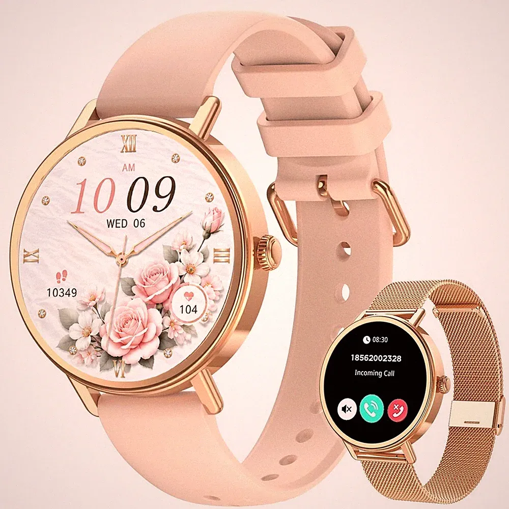 Smartwatch Damen Gold mit Telefonfunktion, Pulsmesser, Schrittzähler &Fitnessuhr