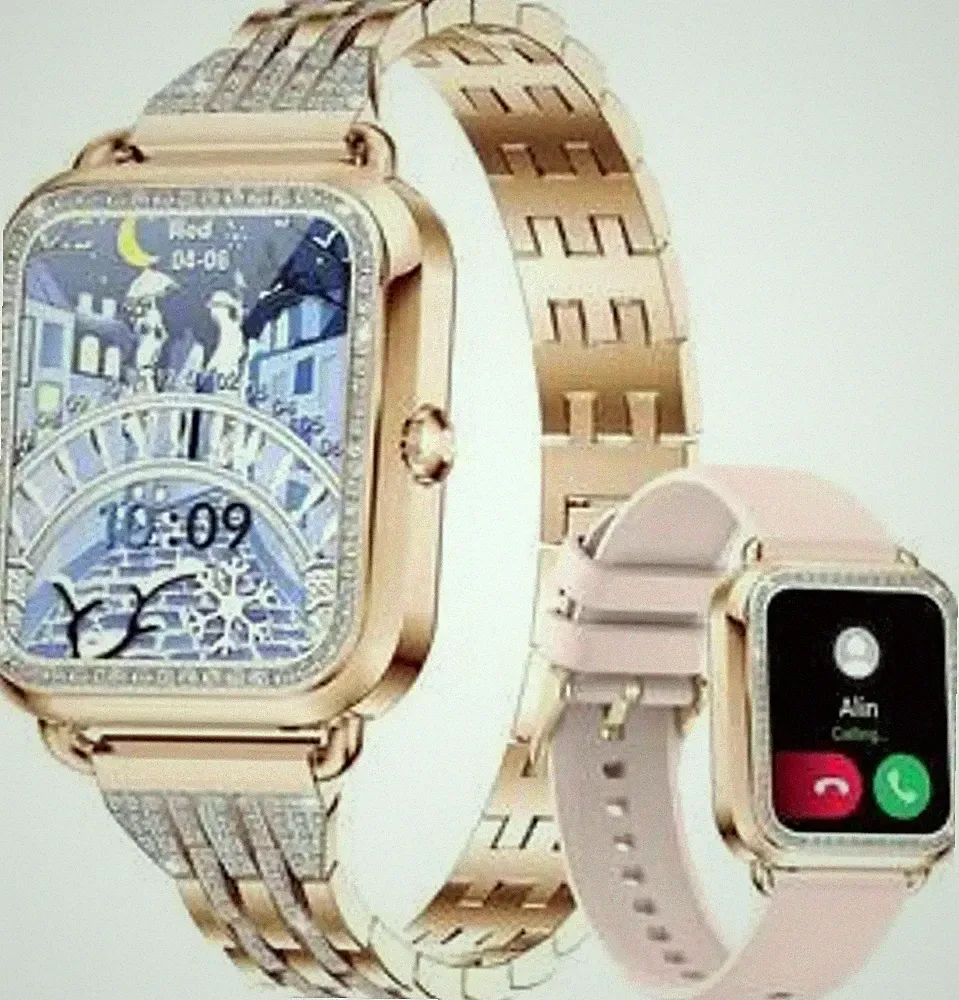 Smartwatch Damen Gold Quadrat 1,59" HD Touch Bluetooth Fitness Uhr IP67