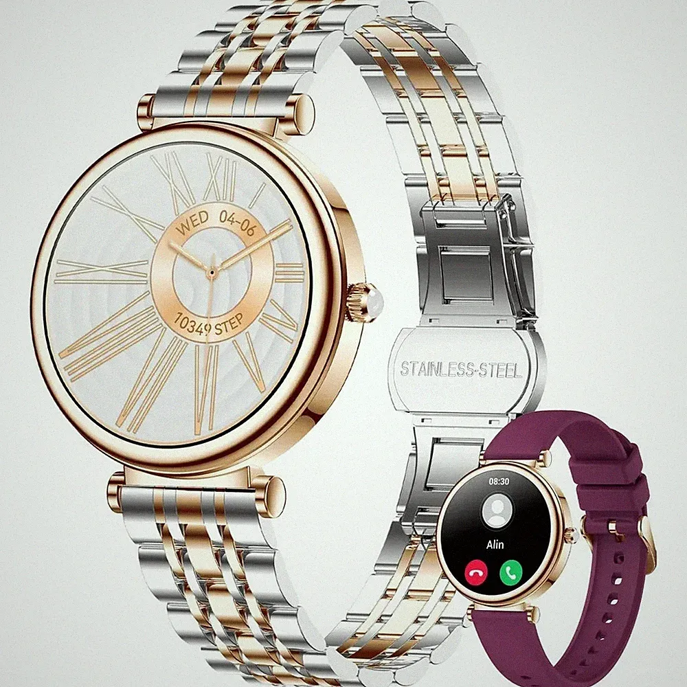 Smartwatch Damen Gold Telefonfunktion Fitnessuhr Herzfrequenz SpO2 Android iOS
