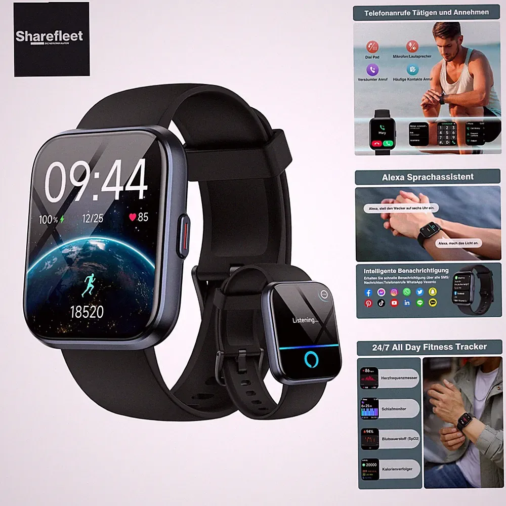 Smartwatch Damen Herren, 1.8" Fitpolo Smartwatch mit Telefonfunktion/Alexa, F...