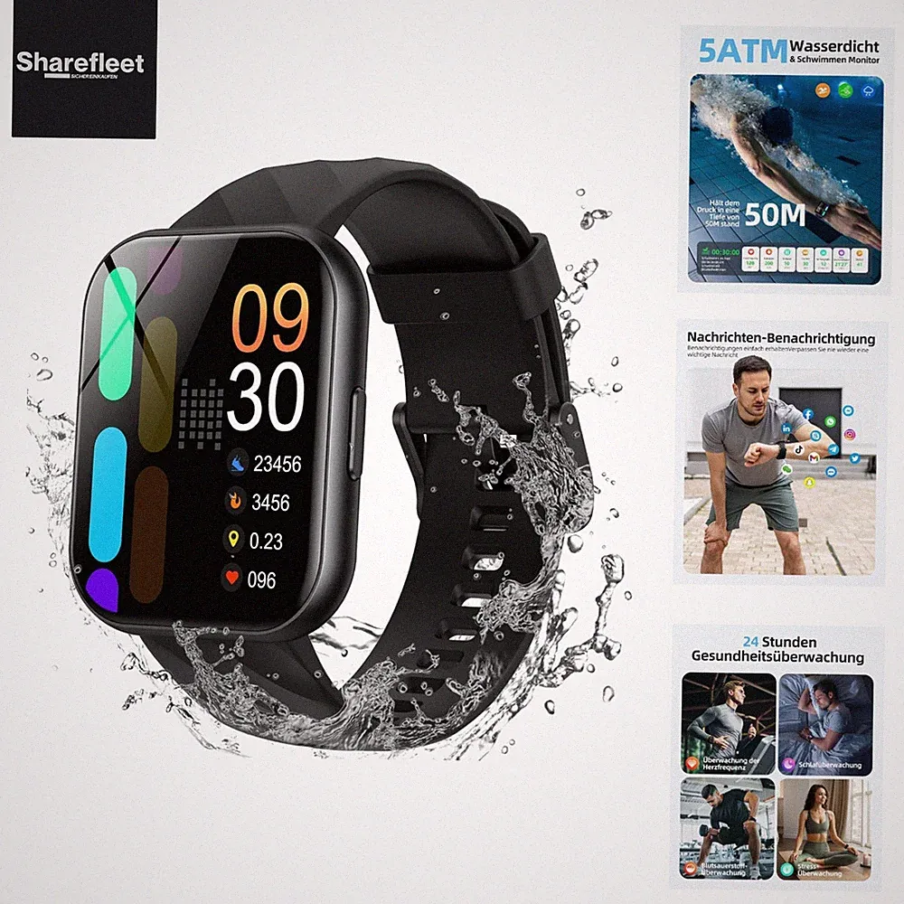 Smartwatch Damen Herren, 5ATM Schwimmuhr, 1.8" HD Bildschirm Fitnessuhr Dame...