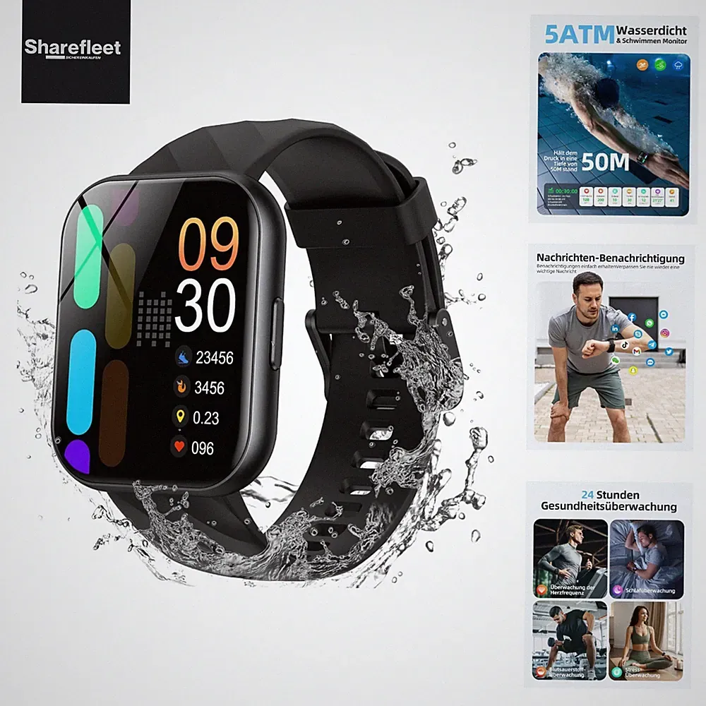 Smartwatch Damen Herren, 5ATM Schwimmuhr, 1.8" HD Bildschirm Fitnessuhr Dame...