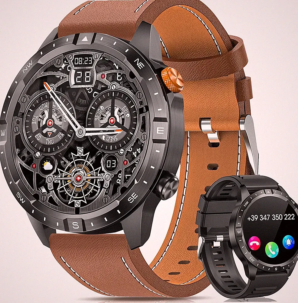 Smartwatch Damen Herren für Android iOS Fitnessuhr Pulsuhr Schrittzähler Leder