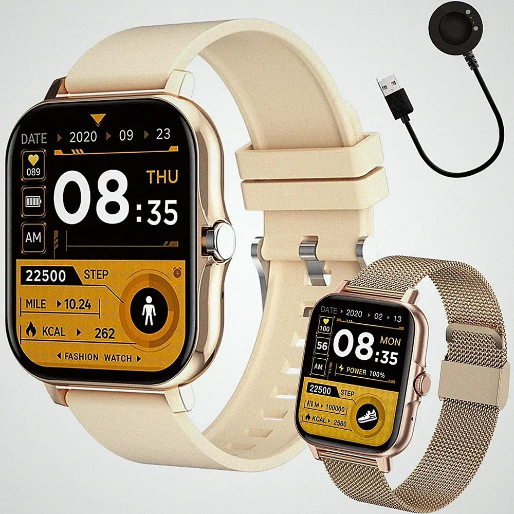 Smartwatch Damen Herren Uhr 2 x Armband Sport Bluetooth Anrufe Multi 💗Gold