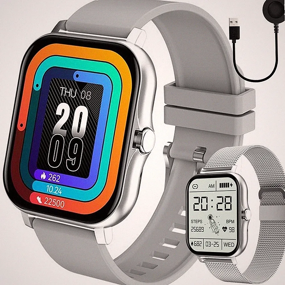 Smartwatch Damen Herren Uhr 2 x Armband Sport Bluetooth Anrufe Multi 💗 grau