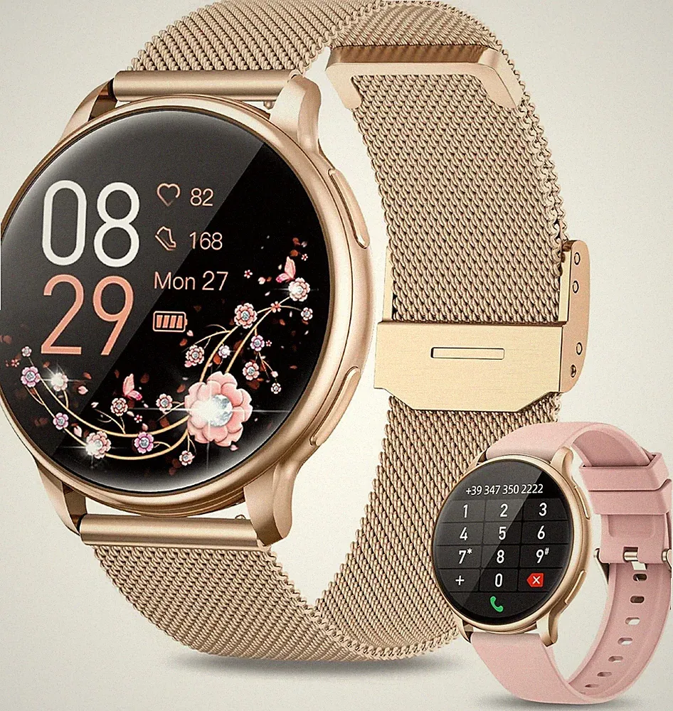 SmartWatch Damen in Roségold, Bluetooth Anrufe, Fitnessuhr für Samsung & iPhone