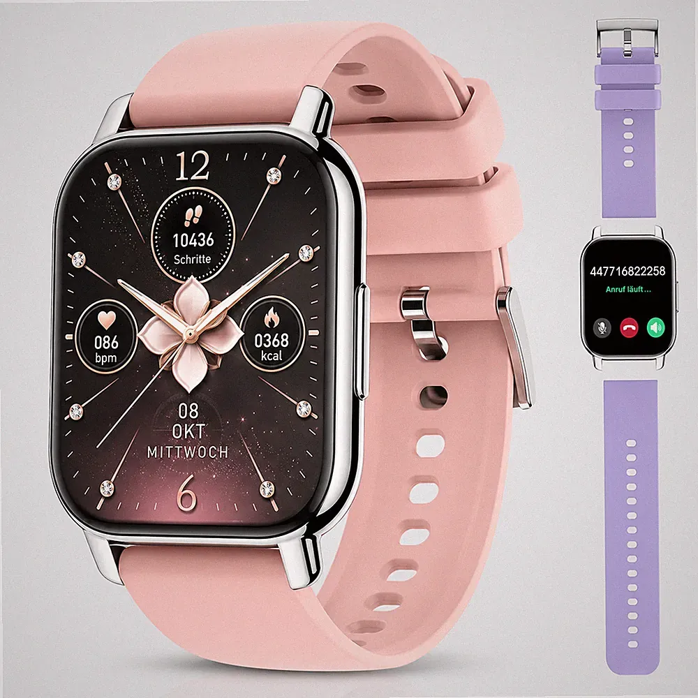 Smartwatch Damen in Rosa Silber mit Bluetooth Anrufe Fitnessuhr Samsung & iPhone