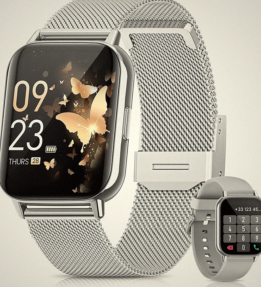 Smartwatch Damen in Silber mit Bluetooth Anrufe, Fitnessuhr für Samsung & iPhone