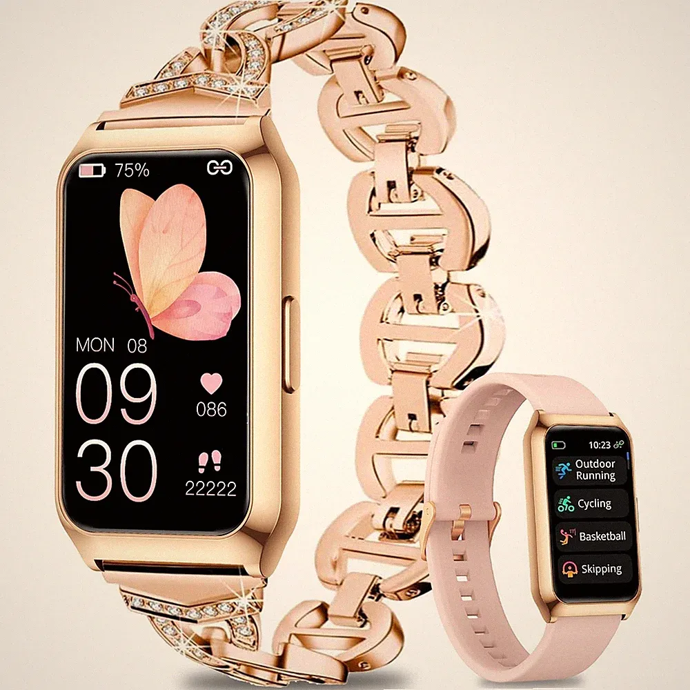 Smartwatch Damen mit Aluminiumgehäuse in Gold Ultra-Akkulaufzeit 147 Zoll Fit...