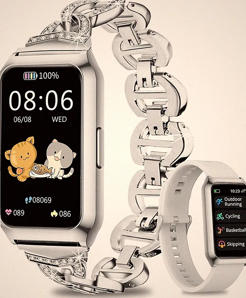 Smartwatch Damen mit Aluminiumgehäuse in Sliber, Ultra-Akkulaufzeit, 1,47 Zoll