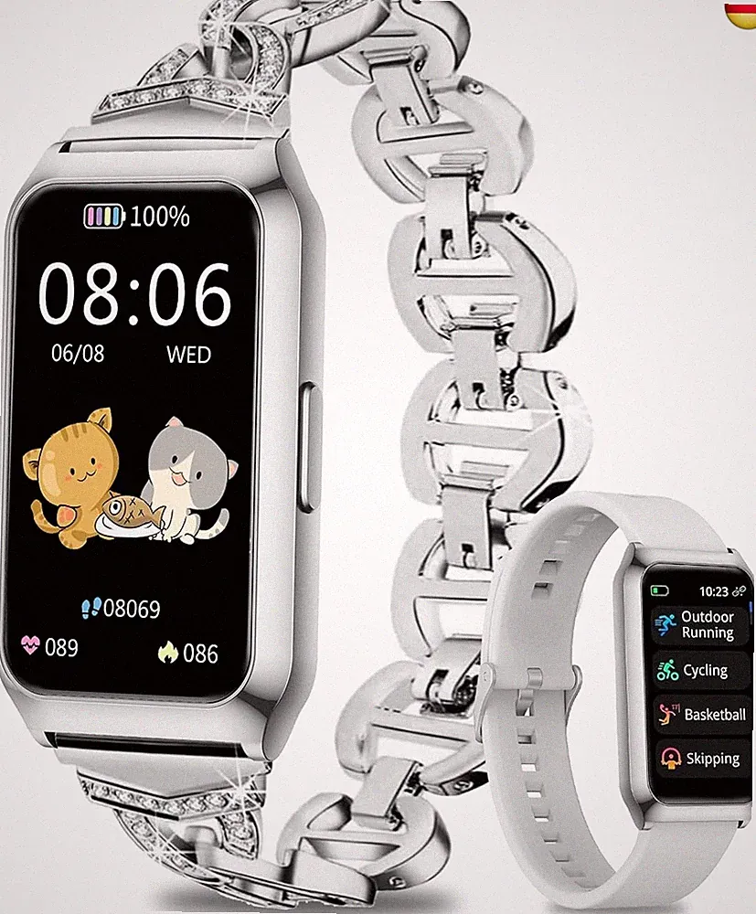 Smartwatch Damen mit Aluminiumgehäuse in Sliber, Ultra-Akkulaufzeit, 1,47 Zoll